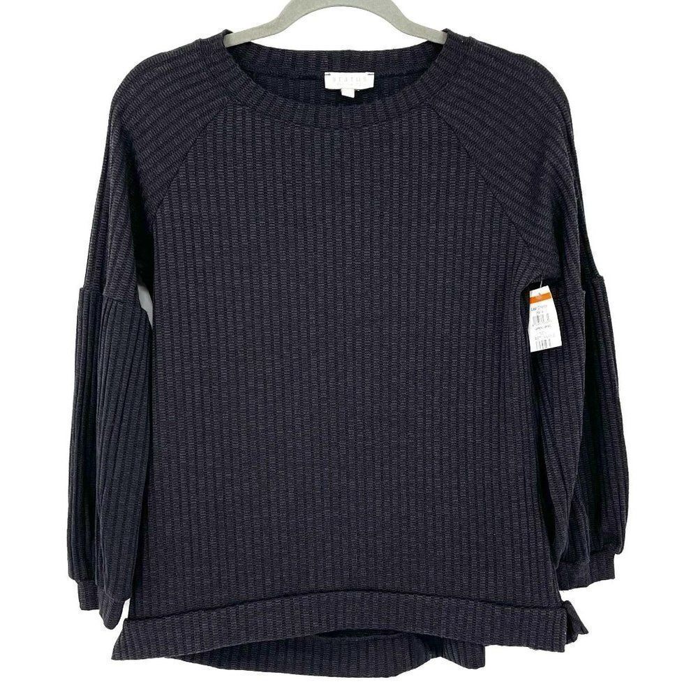 Status By Chenault Black Rib Knit‎ Crewneck Lantern Sleeve Soft Top NWT Women XS